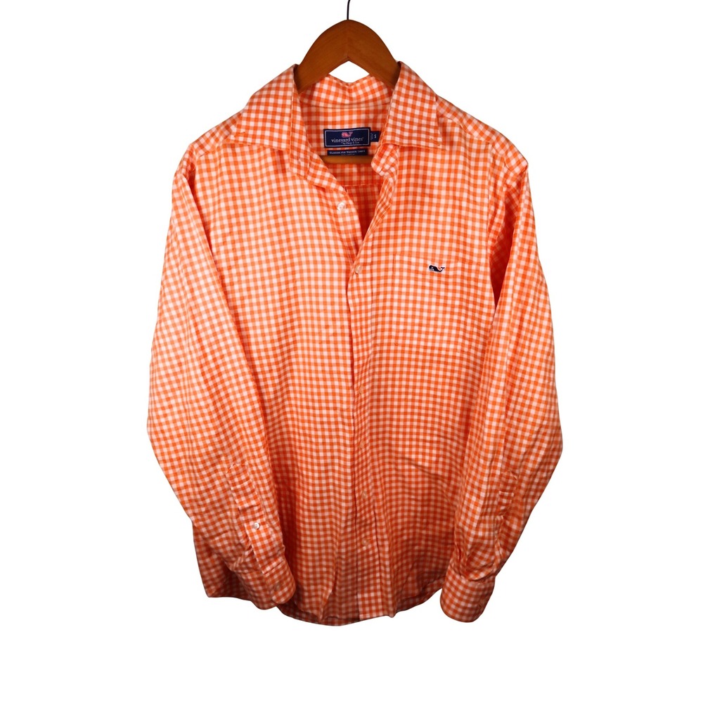 Vineyard Vines Classic Fit Tucker Shirt Orange Gingham Whale Logo Mens Small